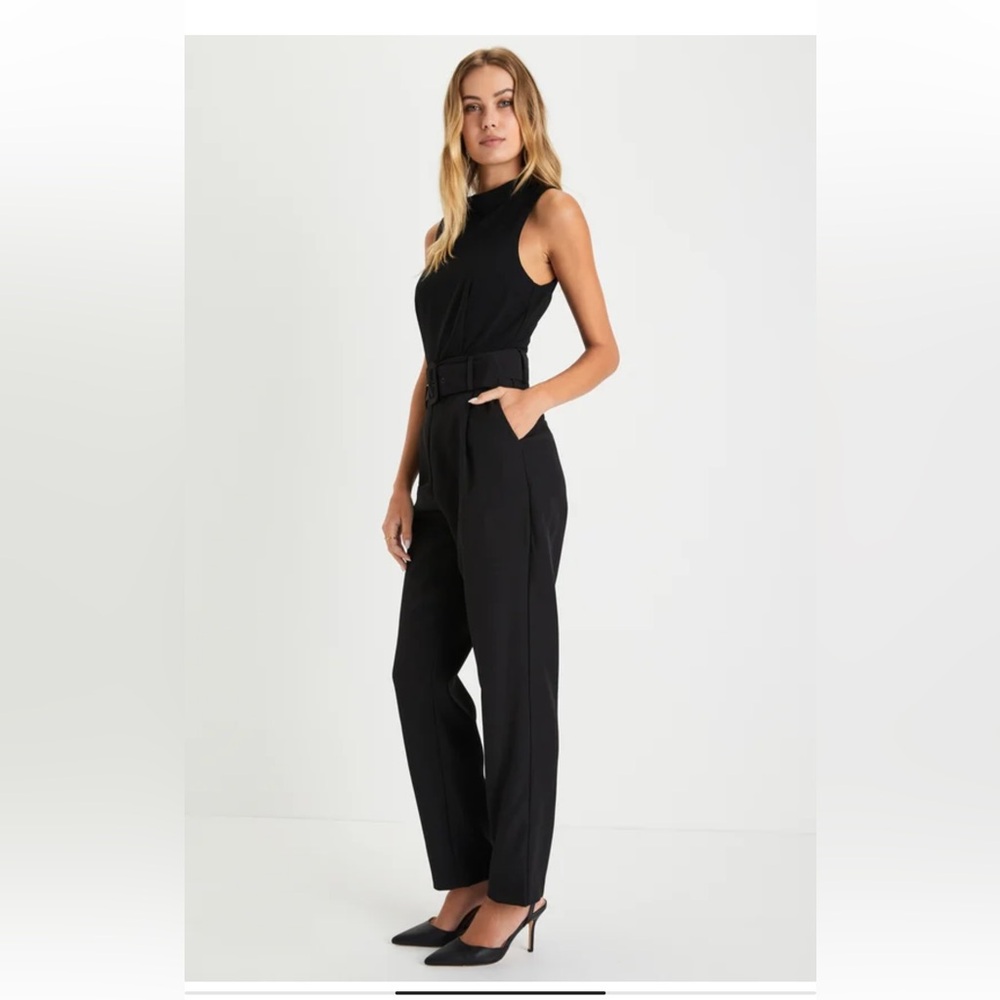 Lulu's Classic Edge Black Sleeveless Belted Wide Leg Jumpsuit - Picture 3 of 8